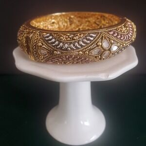 Hand-Crafted Artisan Indian Hinged Bangle Bracelet w/Austrian Crystals by Tejani